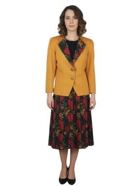 Vintage 80's 2 Piece Floral Skirt and Goldenrod with Trim Blazer Suit Set - 10